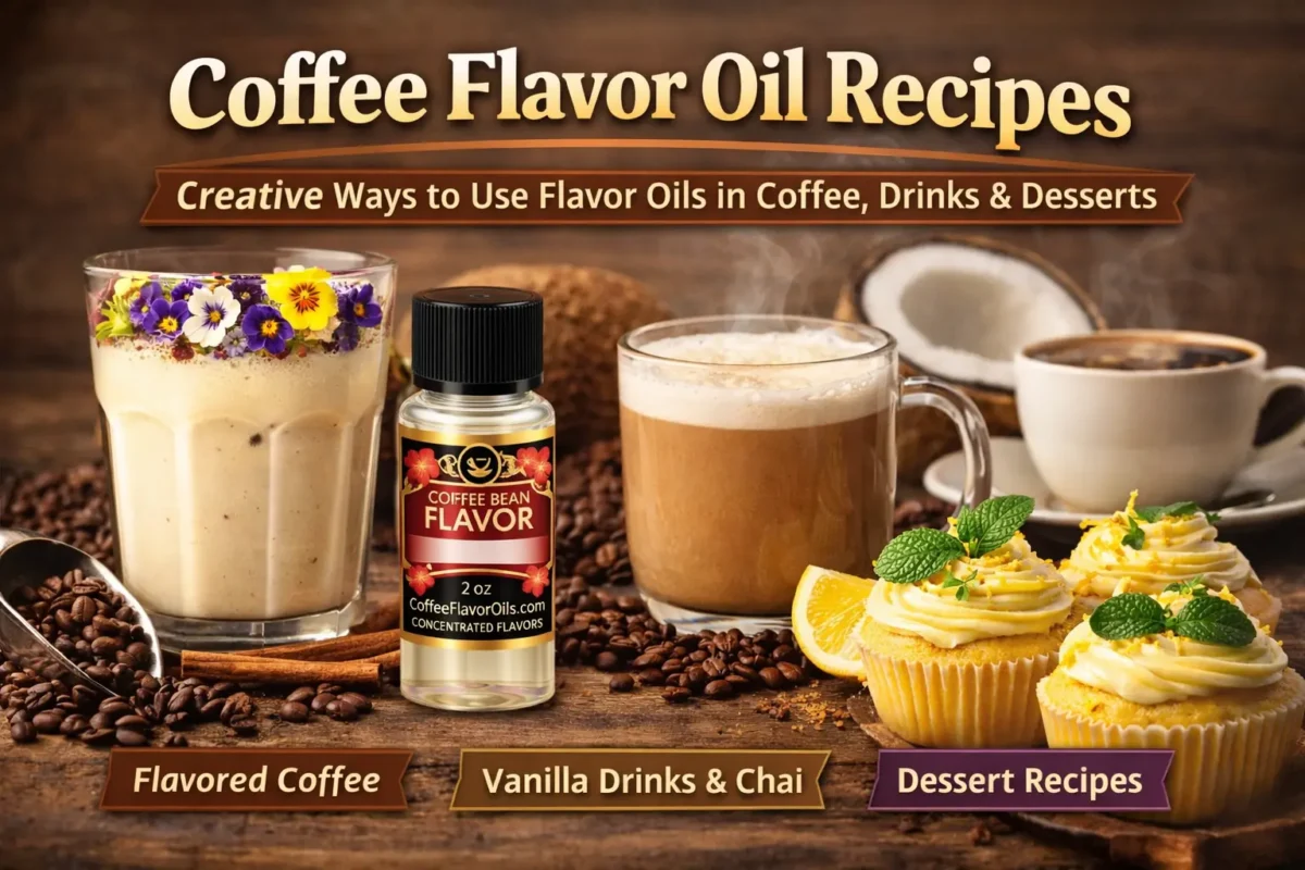 coffee flavor oil recipes with flavored coffee drinks, chai, and desserts using coffee bean flavor oils
