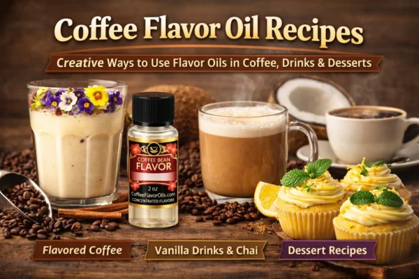 coffee flavor oil recipes with flavored coffee drinks, chai, and desserts using coffee bean flavor oils