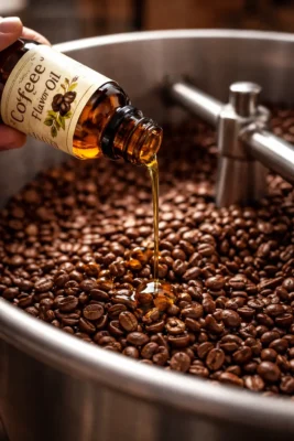 Applying coffee bean flavor oil to freshly roasted coffee beans in mixing drum